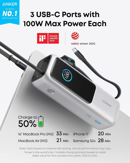 Anker 25,000mAh Power Bank with 165W Total Output, Built-In Cables & Smart Display