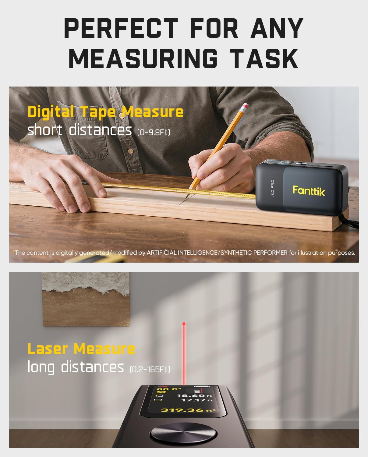 A10 Pro 2-in-1 Digital Laser Tape Measure – 165 ft Laser, 9.8 ft Tape, HD IPS Display