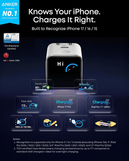 Anker Nano 45W USB-C Charger with Smart Display & Foldable Plug