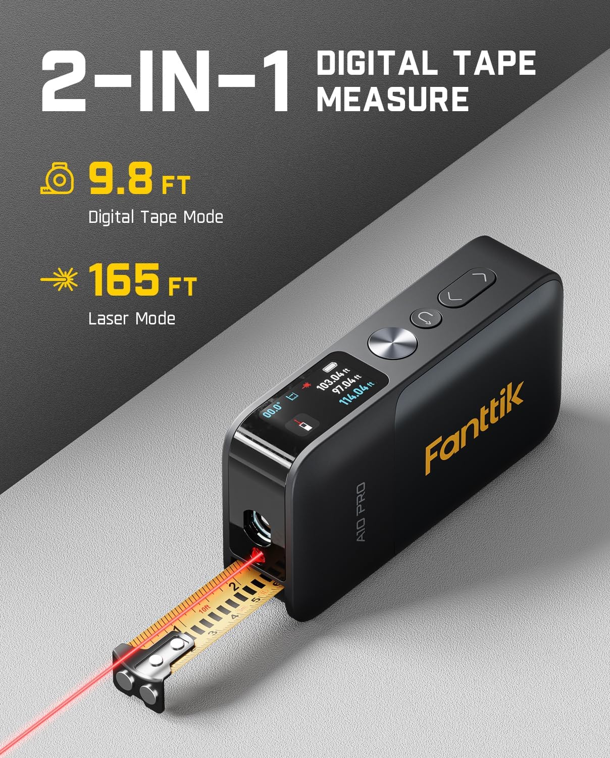 A10 Pro 2-in-1 Digital Laser Tape Measure – 165 ft Laser, 9.8 ft Tape, HD IPS Display