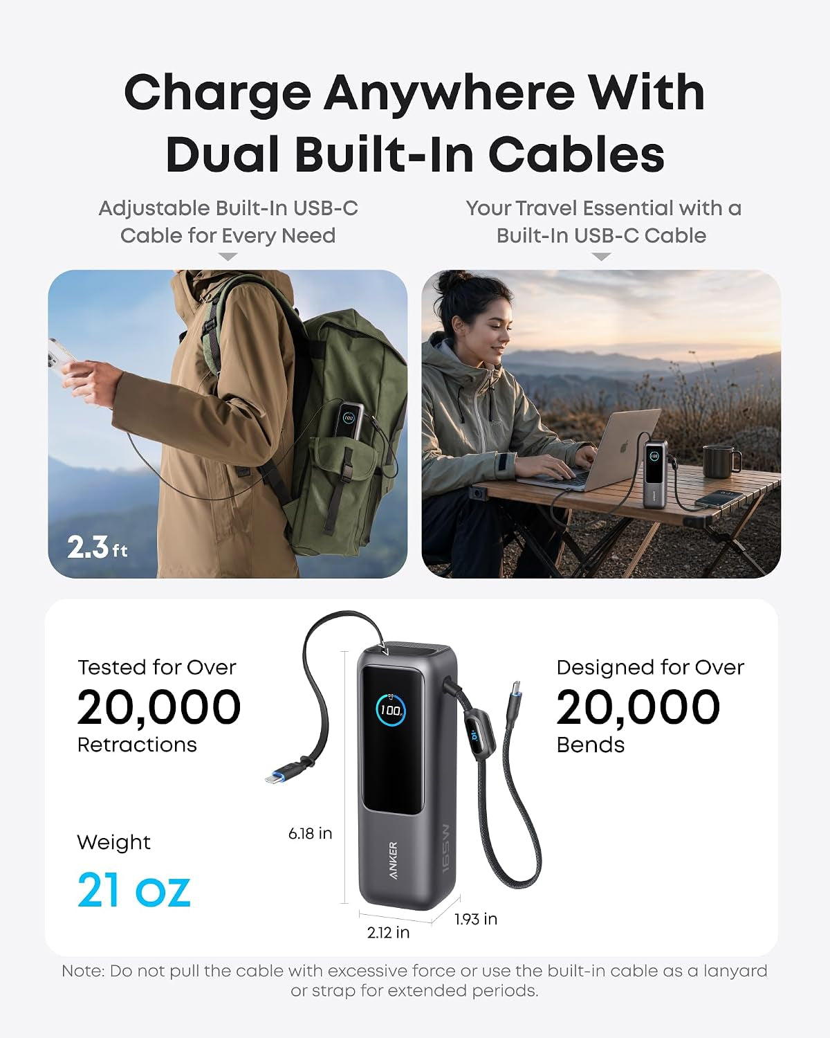 Anker 25,000mAh Power Bank with 165W Total Output, Built-In Cables & Smart Display