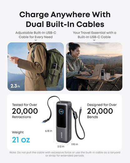 Anker 25,000mAh Power Bank with 165W Total Output, Built-In Cables & Smart Display