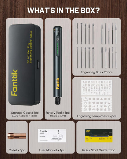 F2 Master Engraving Pen – 5-Speed Rechargeable Engraver with 20 Bits for Wood, Metal, Glass & Plastic