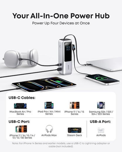 Anker 25,000mAh Power Bank with 165W Total Output, Built-In Cables & Smart Display